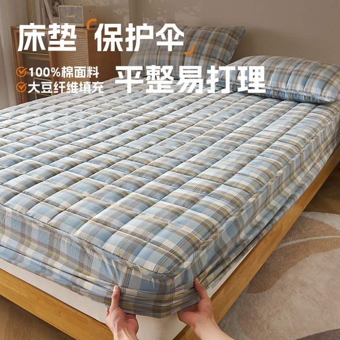 91家纺网 家纺一手货源 找家纺 锦丝钰床垫 2025春夏新款全棉色织水洗棉床笠 简兮蓝