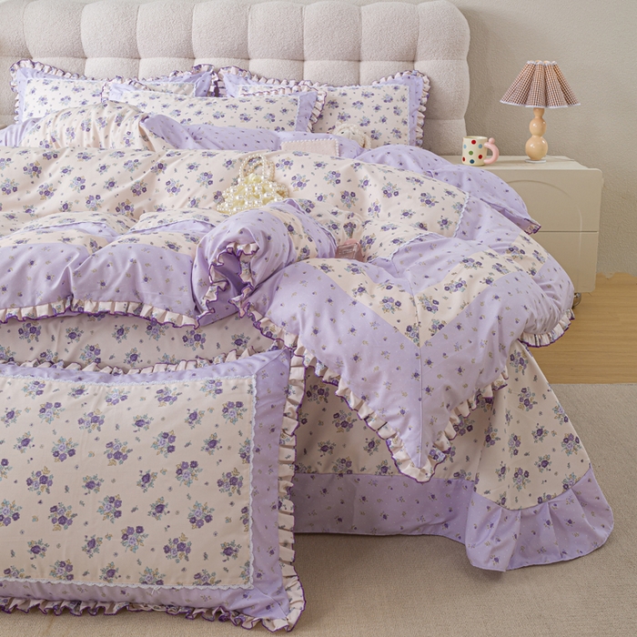 91家纺网 家纺一手货源 找家纺 皇谱家纺 新款韩版欧彩棉四件套磨毛直播爆款专版花型 小岛蔷薇-紫