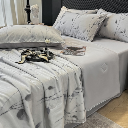 91家纺网 家纺一手货源 找家纺 芊寻家居 2025新款50支天丝数码麻绳款夏被四件套 静谧灰