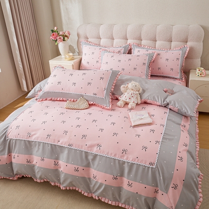 皇谱家纺 新款韩版欧彩棉四件套磨毛直播爆款专版花型 甜心绑带-粉
