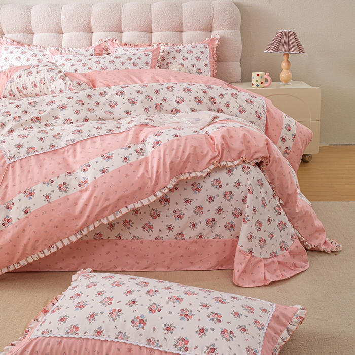 91家纺网 家纺一手货源 找家纺 皇谱家纺 新款韩版欧彩棉四件套磨毛直播爆款专版花型 小岛蔷薇-粉