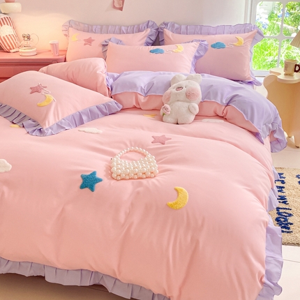 91家纺网 家纺一手货源 找家纺 雨菲家纺 2025新款公主风水洗棉四件套-星月 星月粉紫