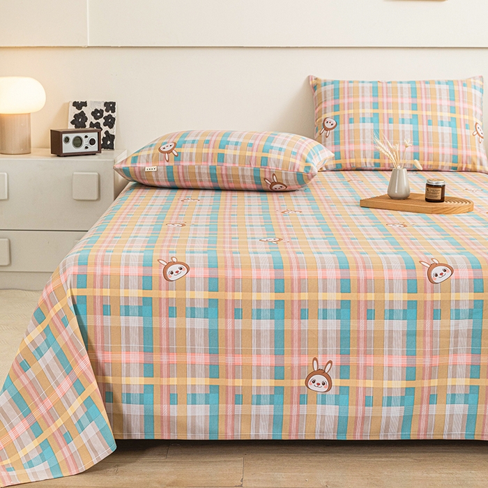 91家纺网 家纺一手货源 找家纺 芃成家纺 2025新款加厚老粗布床单 彩格兔