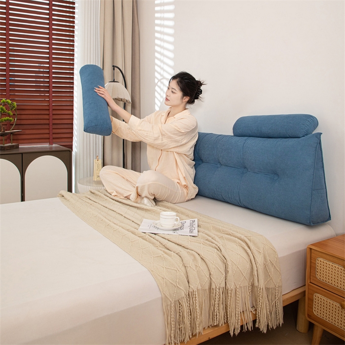 91家纺网 家纺一手货源 找家纺 沐沐家纺 2026新款雪尼绒三角靠背带头枕 孔雀蓝