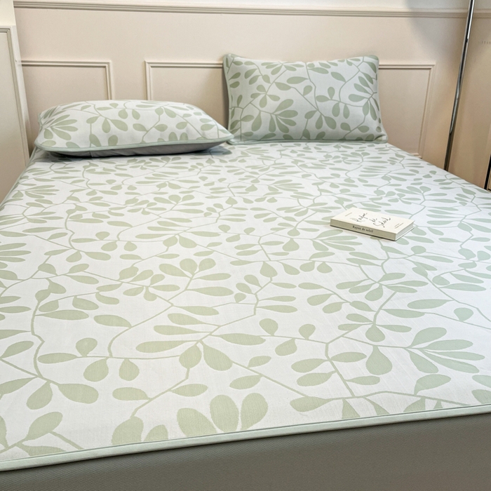 91家纺网 家纺一手货源 找家纺 宜代光年 2025新款冷凝丝可水洗提花凉感席-床笠款 叶繁-绿