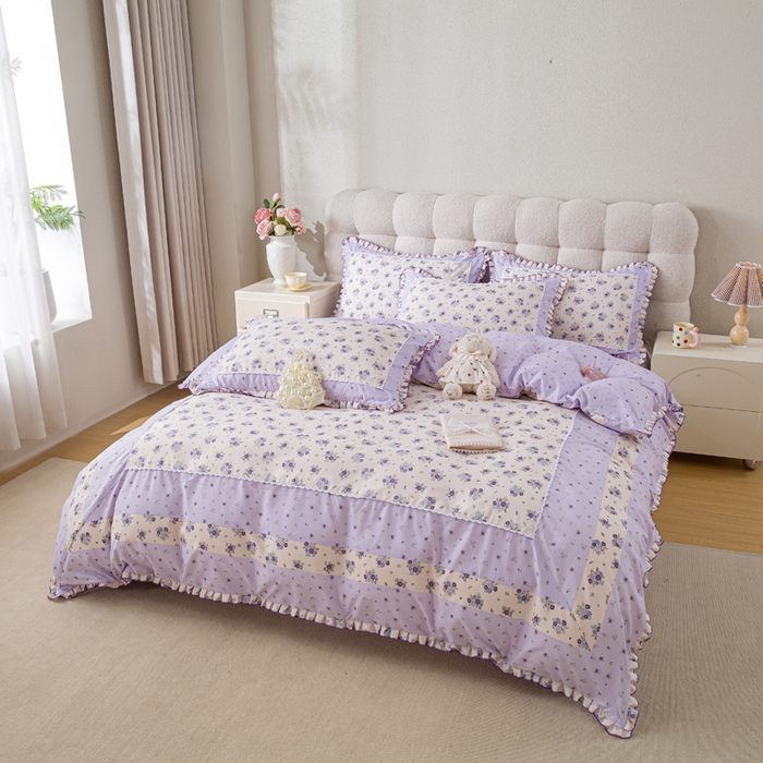 91家纺网 家纺一手货源 找家纺 皇谱家纺 新款韩版欧彩棉四件套磨毛直播爆款专版花型 小岛蔷薇-紫