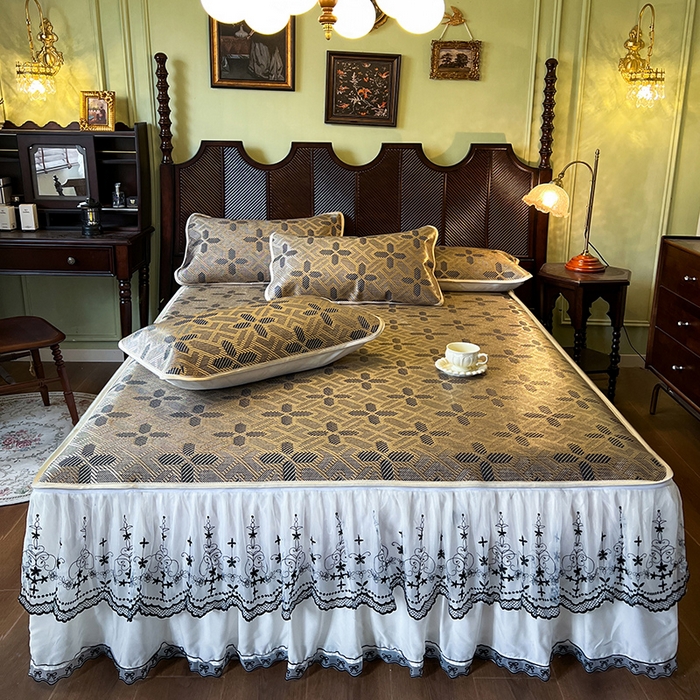 91家纺网 家纺一手货源 找家纺 网红馆（ck家纺） 2025新款可脱卸床裙款冰藤席-盛夏繁星 钴蓝