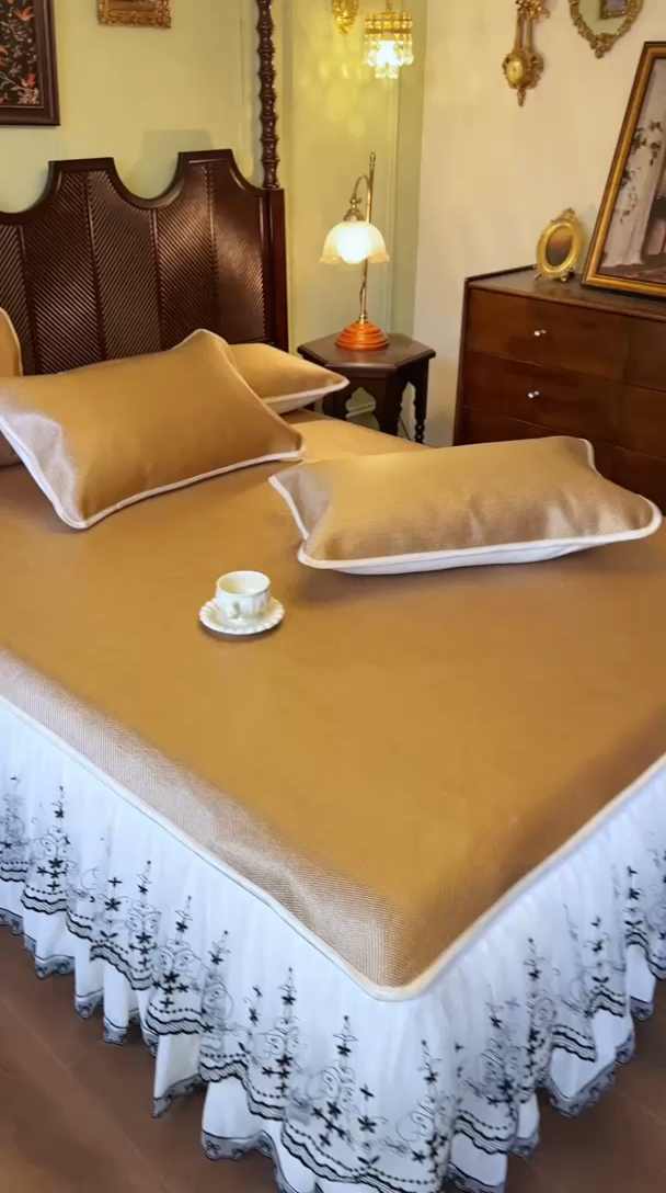 91家纺网 家纺一手货源 找家纺 网红馆（ck家纺） 2025新款可脱卸床裙款冰藤席-盛夏繁星 浅棕