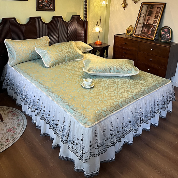 91家纺网 家纺一手货源 找家纺 网红馆（ck家纺） 2025新款可脱卸床裙款冰藤席-盛夏繁星 艾绿