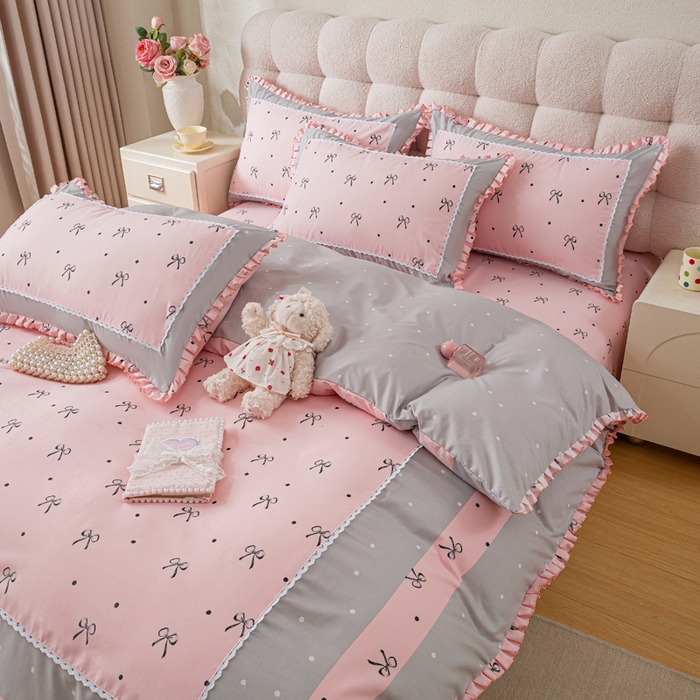 91家纺网 家纺一手货源 找家纺 皇谱家纺 新款韩版欧彩棉四件套磨毛直播爆款专版花型 甜心绑带-粉
