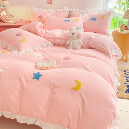 雨菲家纺 2025新款公主风水洗棉四件套-星月 星月粉