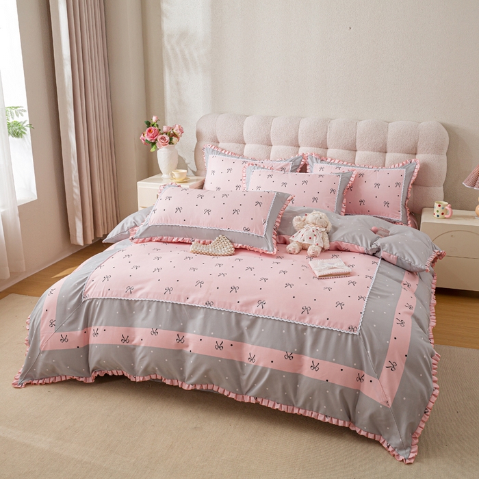 91家纺网 家纺一手货源 找家纺 皇谱家纺 新款韩版欧彩棉四件套磨毛直播爆款专版花型 甜心绑带-粉