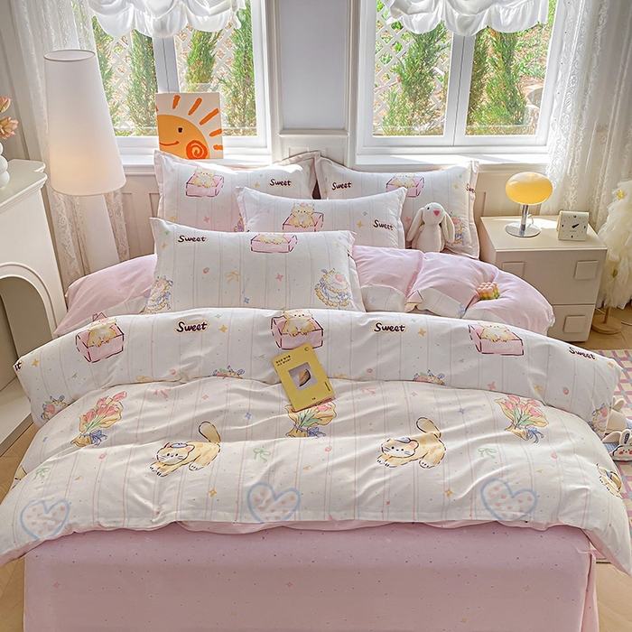 91家纺网 家纺一手货源 找家纺 天之爱 2025新款全棉印花四件套 甜心可爱猫