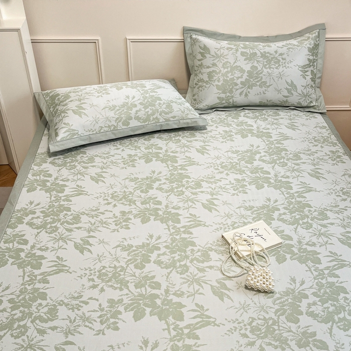 91家纺网 家纺一手货源 找家纺 宜代光年 2025新款冷凝丝可水洗提花凉感席-床席款 凉感繁花-绿