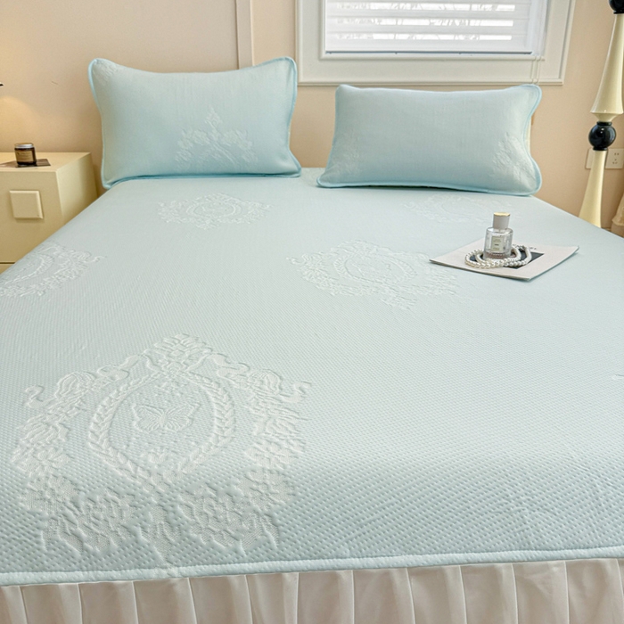 91家纺网 家纺一手货源 找家纺 布卢姆床垫 2025新款A类PE乙纶冰豆豆凉席床裙款 蝴蝶花镜 蓝