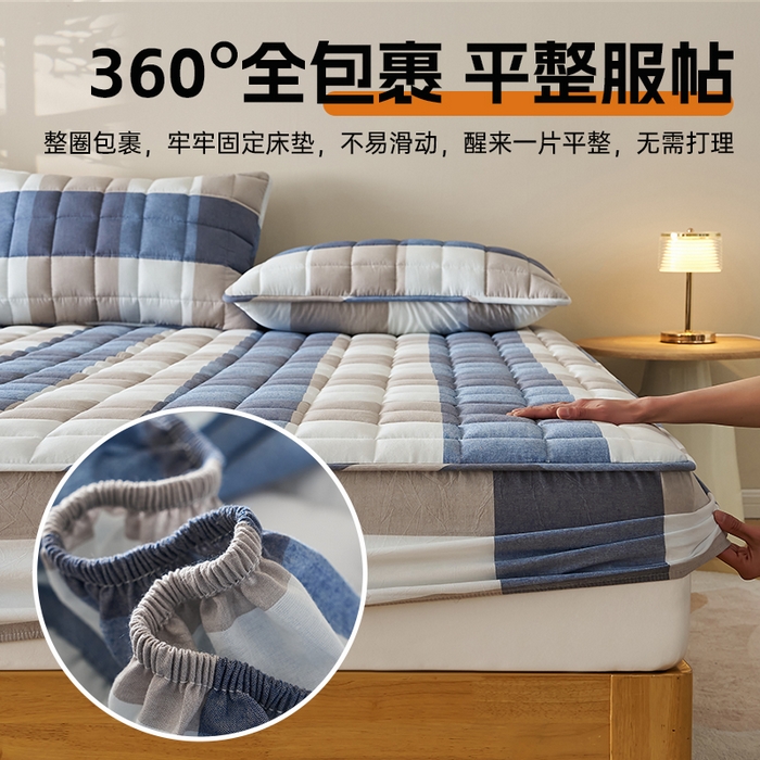 91家纺网 家纺一手货源 找家纺 锦丝钰床垫 2025春夏新款全棉色织水洗棉床笠 蓝大格