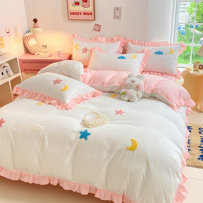 91家纺网 家纺一手货源 找家纺 雨菲家纺 2025新款公主风水洗棉四件套-星月 星月粉白