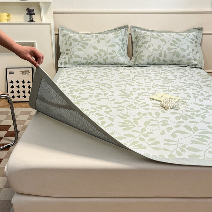 91家纺网 家纺一手货源 找家纺 宜代光年 2025新款冷凝丝可水洗提花凉感席-床席款 凉感叶繁-绿