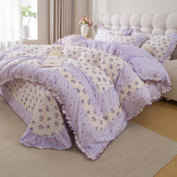 91家纺网 家纺一手货源 找家纺 皇谱家纺 新款韩版欧彩棉四件套磨毛直播爆款专版花型 小岛蔷薇-紫