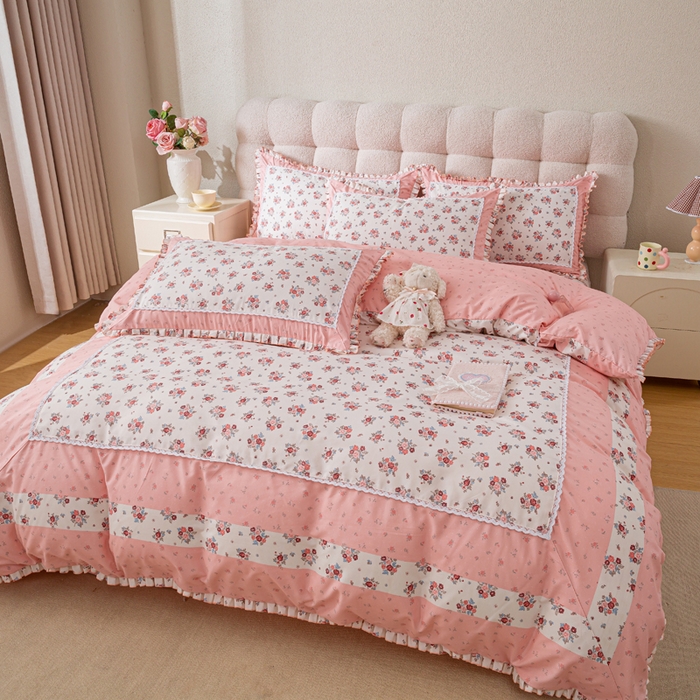 91家纺网 家纺一手货源 找家纺 皇谱家纺 新款韩版欧彩棉四件套磨毛直播爆款专版花型 小岛蔷薇-粉
