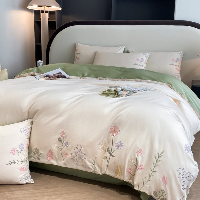 91家纺网 家纺一手货源 找家纺 桃园 2025新款纯棉全棉长绒棉刺绣绣花四件套-洛可可 白绿