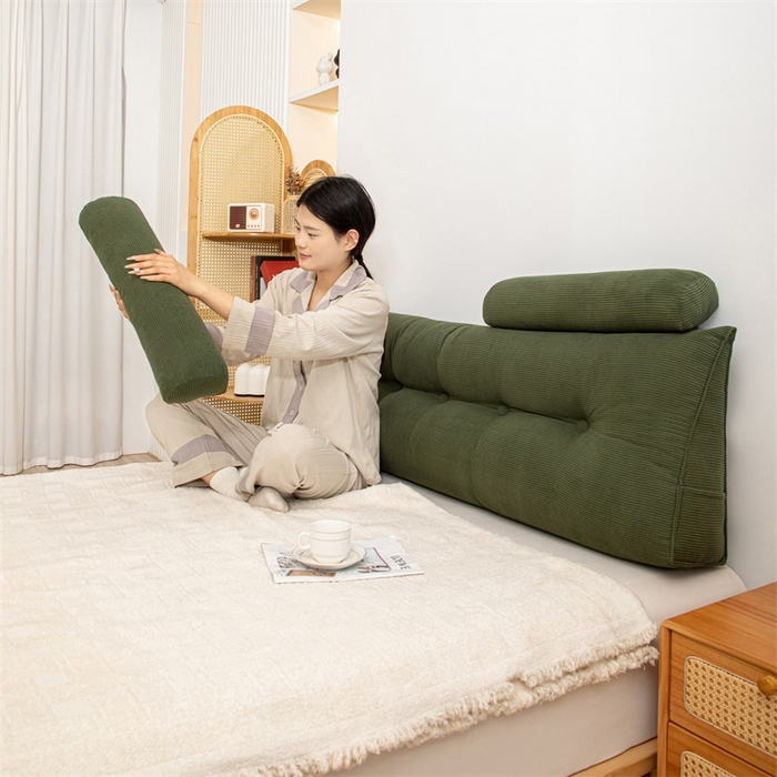 91家纺网 家纺一手货源 找家纺 沐沐家纺 2026新款灯芯绒三角靠背带头枕 墨玉绿