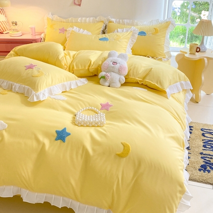 91家纺网 家纺一手货源 找家纺 雨菲家纺 2025新款公主风水洗棉四件套-星月 星月黄