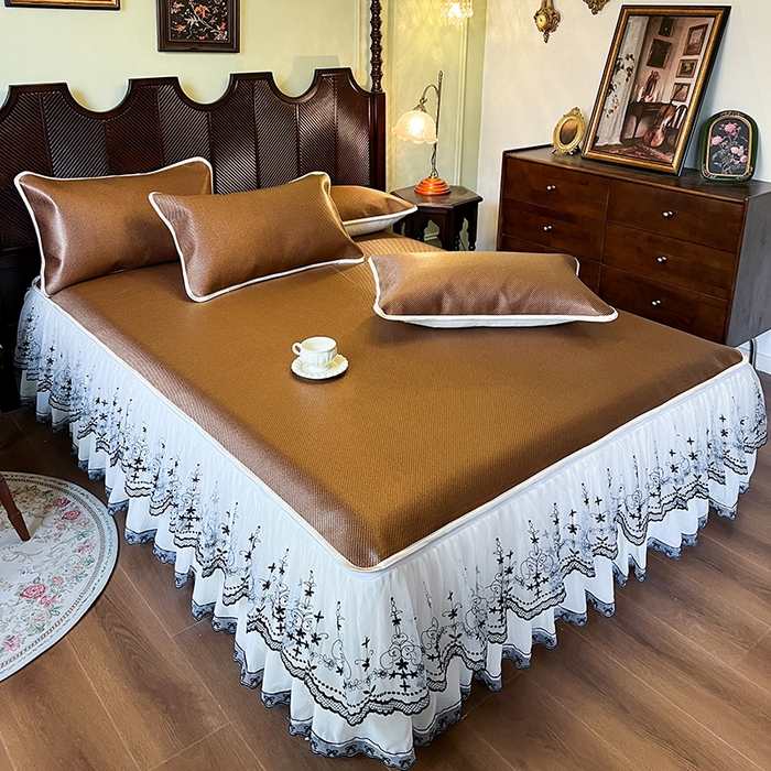 91家纺网 家纺一手货源 找家纺 网红馆（ck家纺） 2025新款可脱卸床裙款冰藤席-盛夏繁星 栗棕