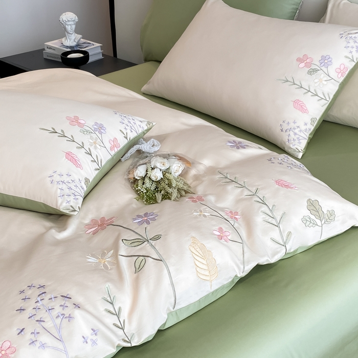 91家纺网 家纺一手货源 找家纺 桃园 2025新款纯棉全棉长绒棉刺绣绣花四件套-洛可可 白绿