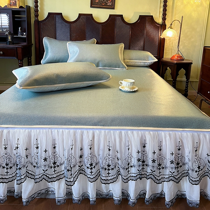 91家纺网 家纺一手货源 找家纺 网红馆（ck家纺） 2025新款可脱卸床裙款冰藤席-盛夏繁星 荷绿