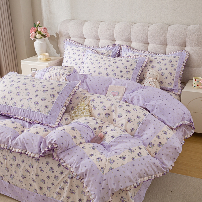 91家纺网 家纺一手货源 找家纺 皇谱家纺 新款韩版欧彩棉四件套磨毛直播爆款专版花型 小岛蔷薇-紫
