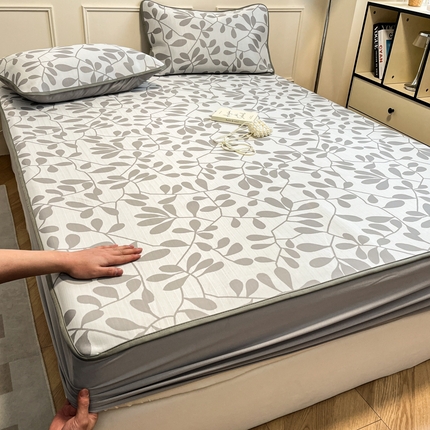 91家纺网 家纺一手货源 找家纺 宜代光年 2025新款冷凝丝可水洗提花凉感席-床笠款 叶繁-灰