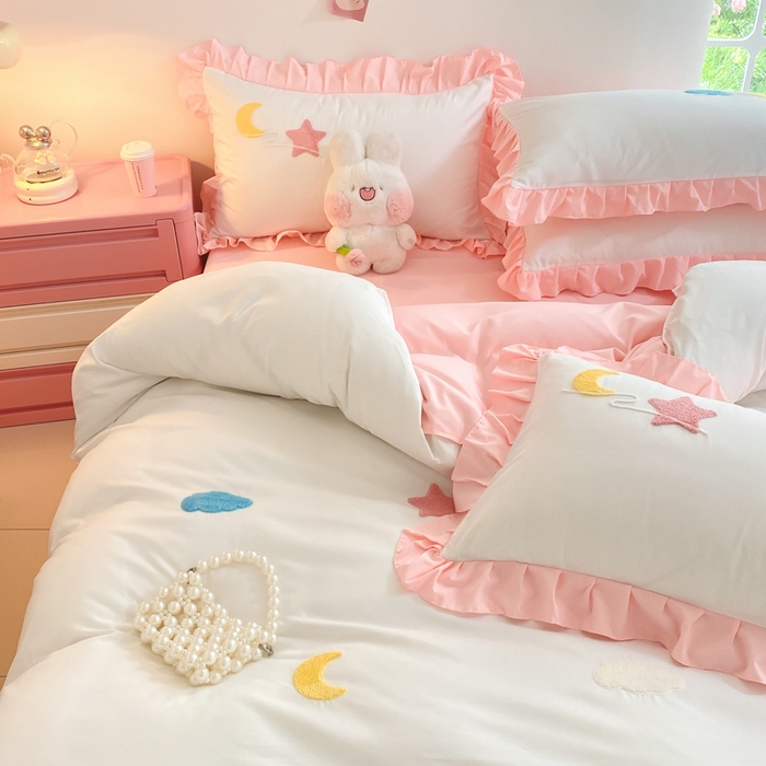 91家纺网 家纺一手货源 找家纺 雨菲家纺 2025新款公主风水洗棉四件套-星月 星月粉白