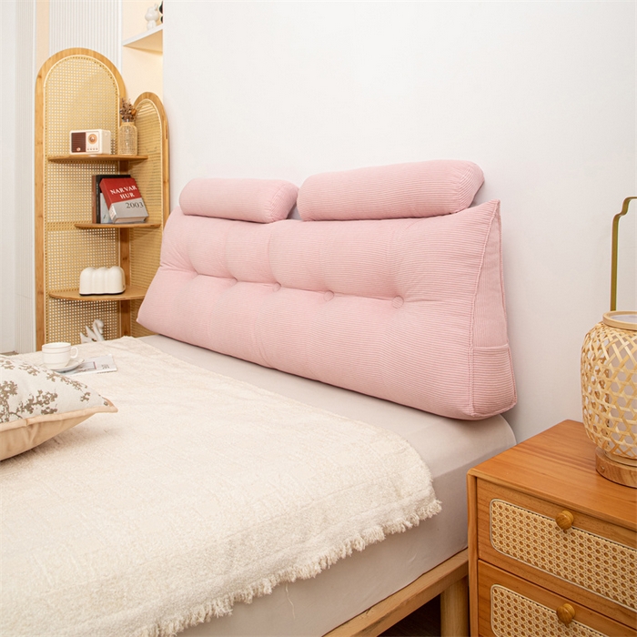 91家纺网 家纺一手货源 找家纺 沐沐家纺 2026新款灯芯绒三角靠背带头枕 樱花粉