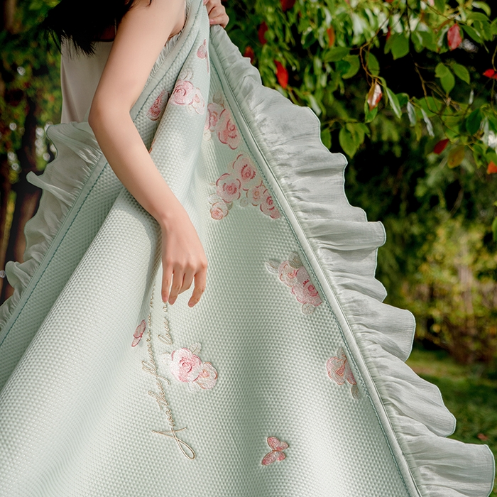 91家纺网 家纺一手货源 找家纺 禾时 2025新款高端A类母婴级加密加厚450g品牌凉感丝啵啵面料床盖三件套夹棉床单 薄荷绿