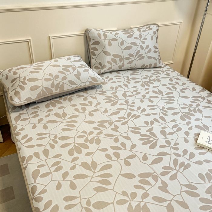 91家纺网 家纺一手货源 找家纺 宜代光年 2025新款冷凝丝可水洗提花凉感席-床笠款 叶繁-咖