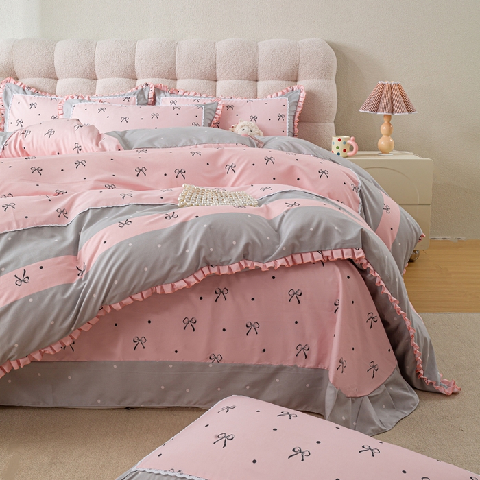 91家纺网 家纺一手货源 找家纺 皇谱家纺 新款韩版欧彩棉四件套磨毛直播爆款专版花型 甜心绑带-粉