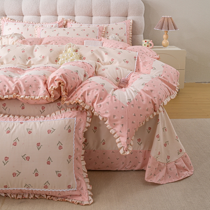 91家纺网 家纺一手货源 找家纺 皇谱家纺 新款韩版欧彩棉四件套磨毛直播爆款专版花型 郁金绮梦-粉