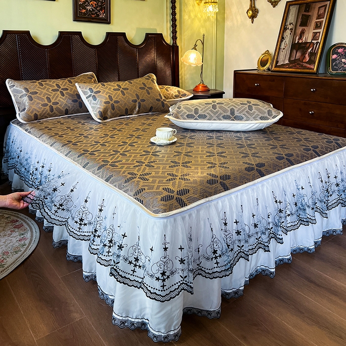 91家纺网 家纺一手货源 找家纺 网红馆（ck家纺） 2025新款可脱卸床裙款冰藤席-盛夏繁星 钴蓝