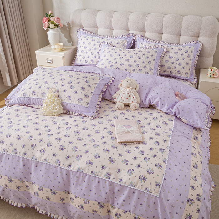 91家纺网 家纺一手货源 找家纺 皇谱家纺 新款韩版欧彩棉四件套磨毛直播爆款专版花型 小岛蔷薇-紫