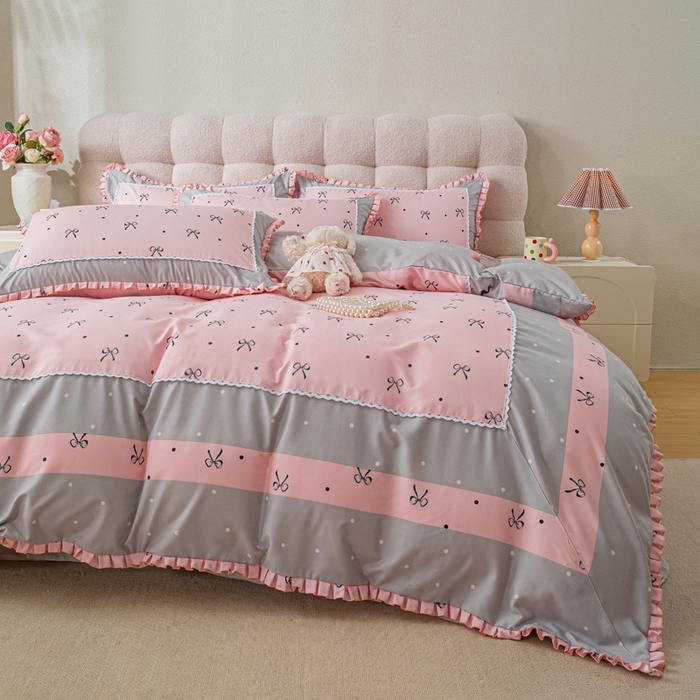 91家纺网 家纺一手货源 找家纺 皇谱家纺 新款韩版欧彩棉四件套磨毛直播爆款专版花型 甜心绑带-粉