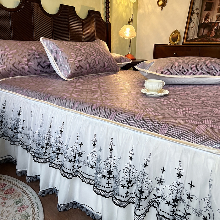 91家纺网 家纺一手货源 找家纺 网红馆（ck家纺） 2025新款可脱卸床裙款冰藤席-盛夏繁星 莲红