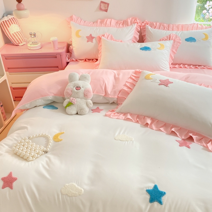 91家纺网 家纺一手货源 找家纺 雨菲家纺 2025新款公主风水洗棉四件套-星月 星月粉白