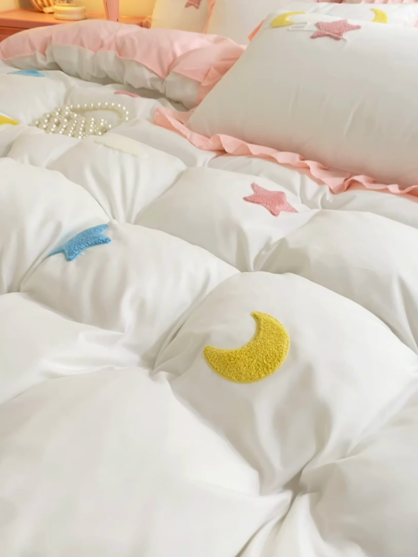 91家纺网 家纺一手货源 找家纺 雨菲家纺 2025新款公主风水洗棉四件套-星月 星月粉白