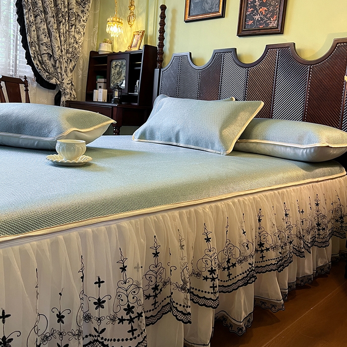 91家纺网 家纺一手货源 找家纺 网红馆（ck家纺） 2025新款可脱卸床裙款冰藤席-盛夏繁星 荷绿