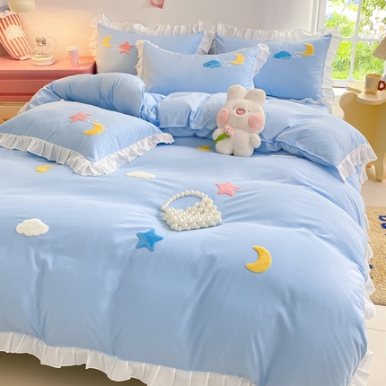 雨菲家纺 2025新款公主风水洗棉四件套-星月 星月蓝