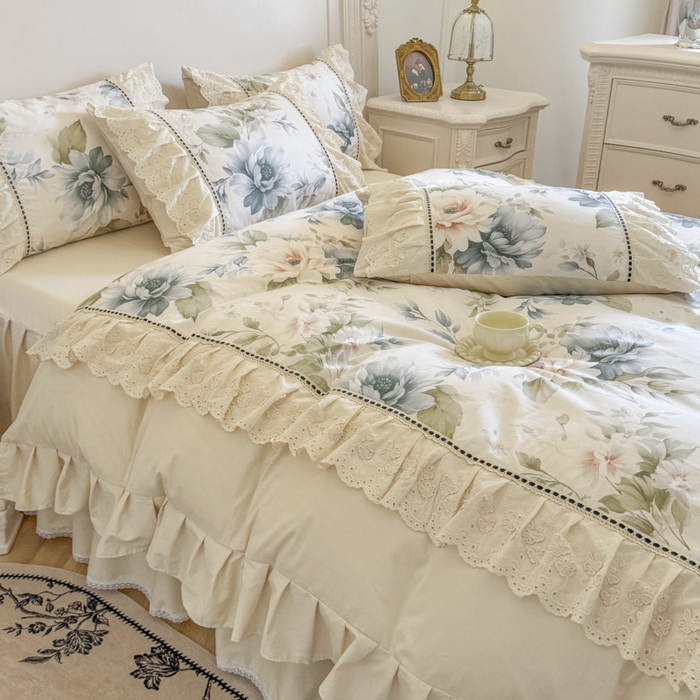 91家纺网 家纺一手货源 找家纺 （总）亲亲公主 2025新款全棉法式立体蝴蝶花边四件套--米娅