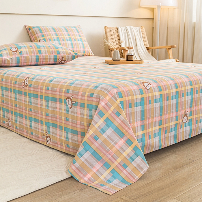 91家纺网 家纺一手货源 找家纺 芃成家纺 2025新款加厚老粗布床单 彩格兔