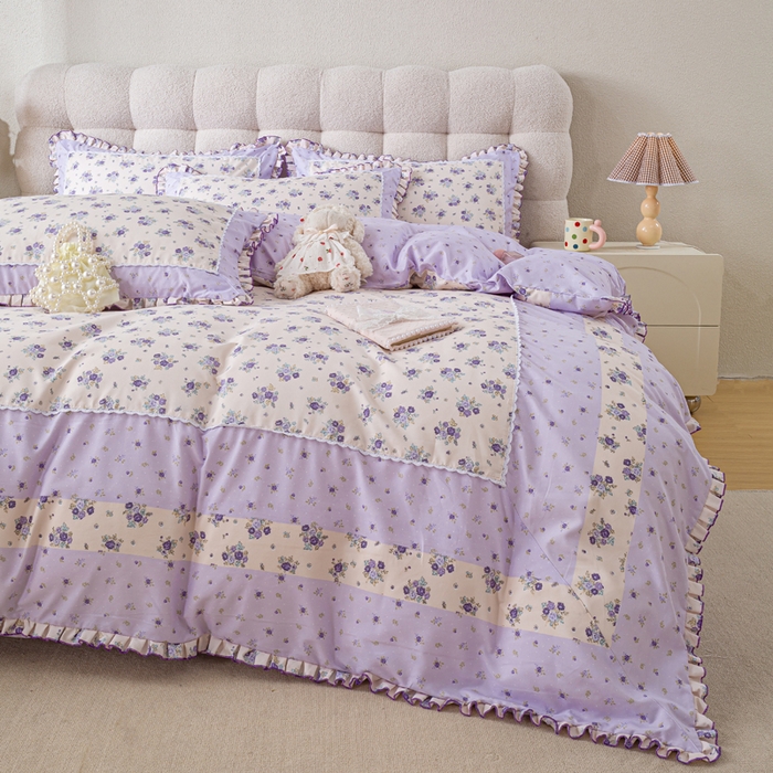 91家纺网 家纺一手货源 找家纺 皇谱家纺 新款韩版欧彩棉四件套磨毛直播爆款专版花型 小岛蔷薇-紫