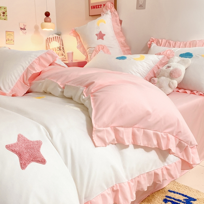 91家纺网 家纺一手货源 找家纺 雨菲家纺 2025新款公主风水洗棉四件套-星月 星月粉白